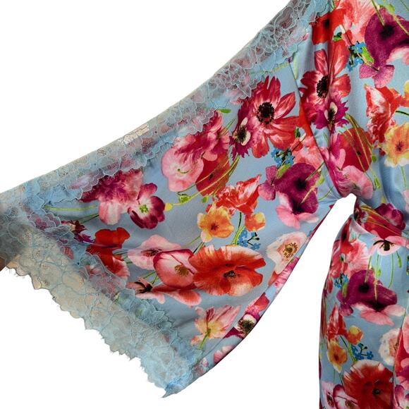 Victoria Secret Happy Poppies Lace Insert Robe EUC Size XS Small Satin Tie Waist - Picture 7 of 12